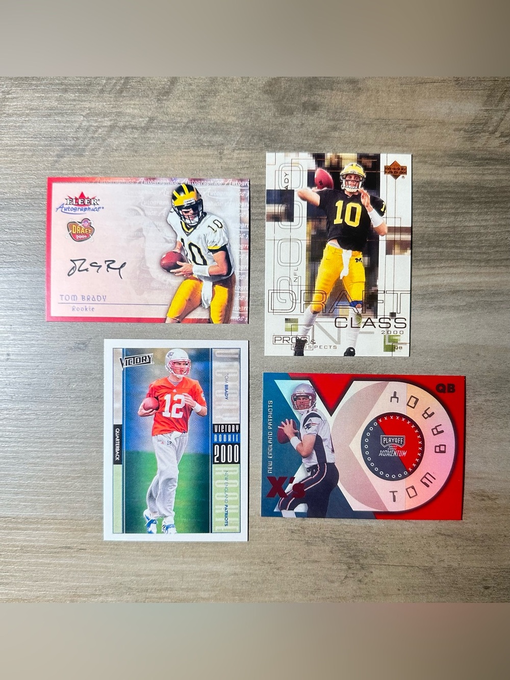 Tom Brady Signed Rookie Lot of (4) Victory UD Novelty Football Cards.